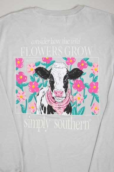 Simply Southern Plus Size Long Sleeve Flowers Cow T-Shirt for Women in White Water