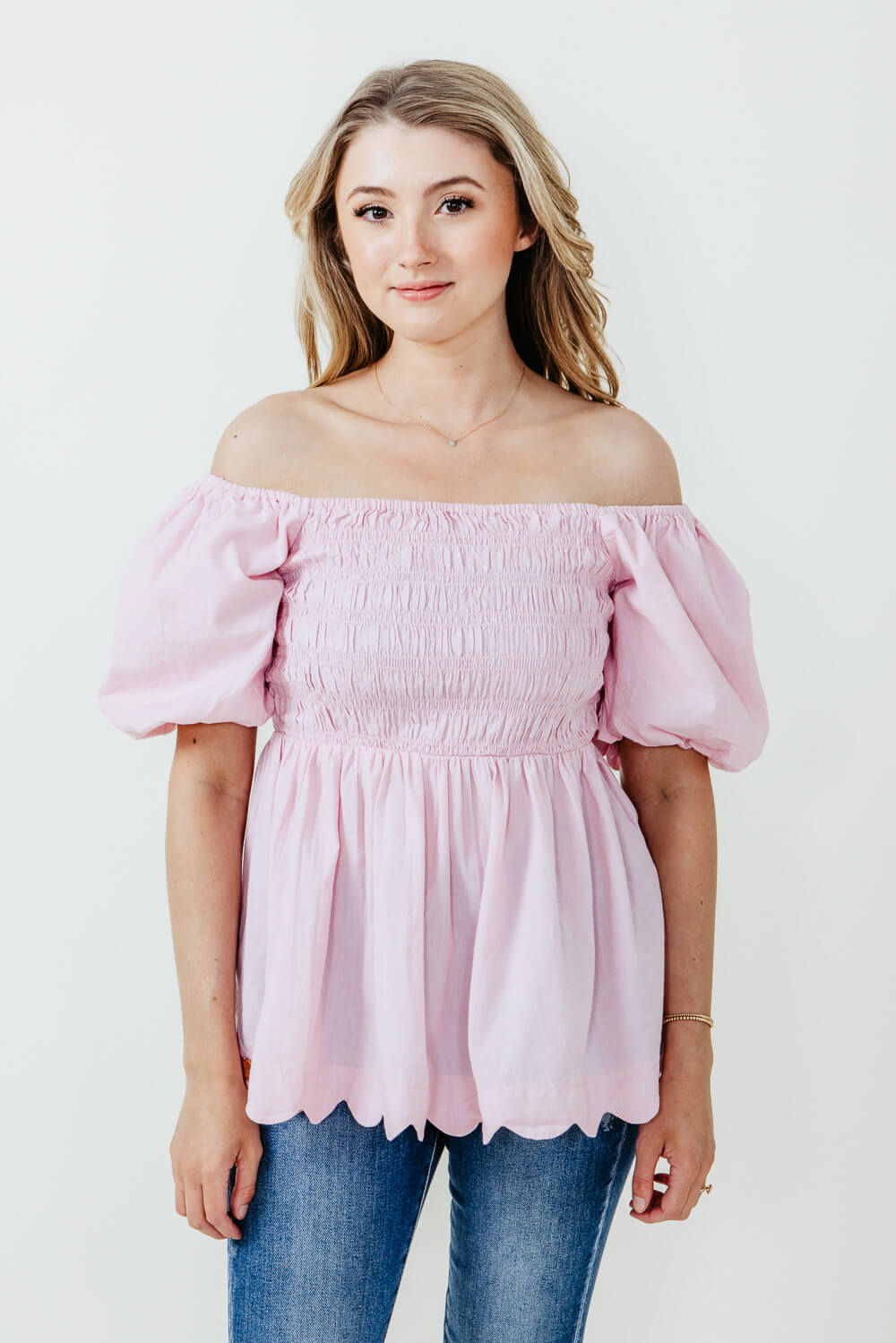 Simply Southern Puff Scallop Top for Women in Light Pink | PP-0124