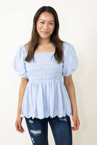 Simply Southern Puff Scallop Top for Women in Sky Blue