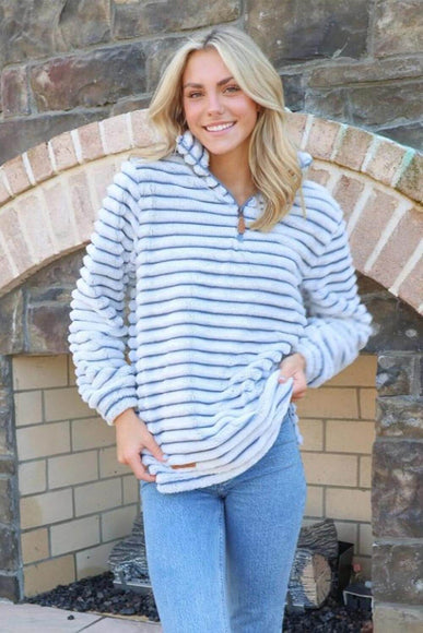 Simply Southern Sherpa Luxe Quarter Zip Front Pullover for Women in Steel Blue