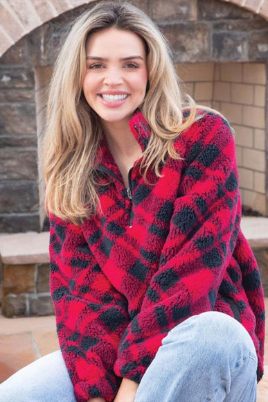 Simply Southern Quarter Zip Front Pullover for Women in Red/Black Plaid