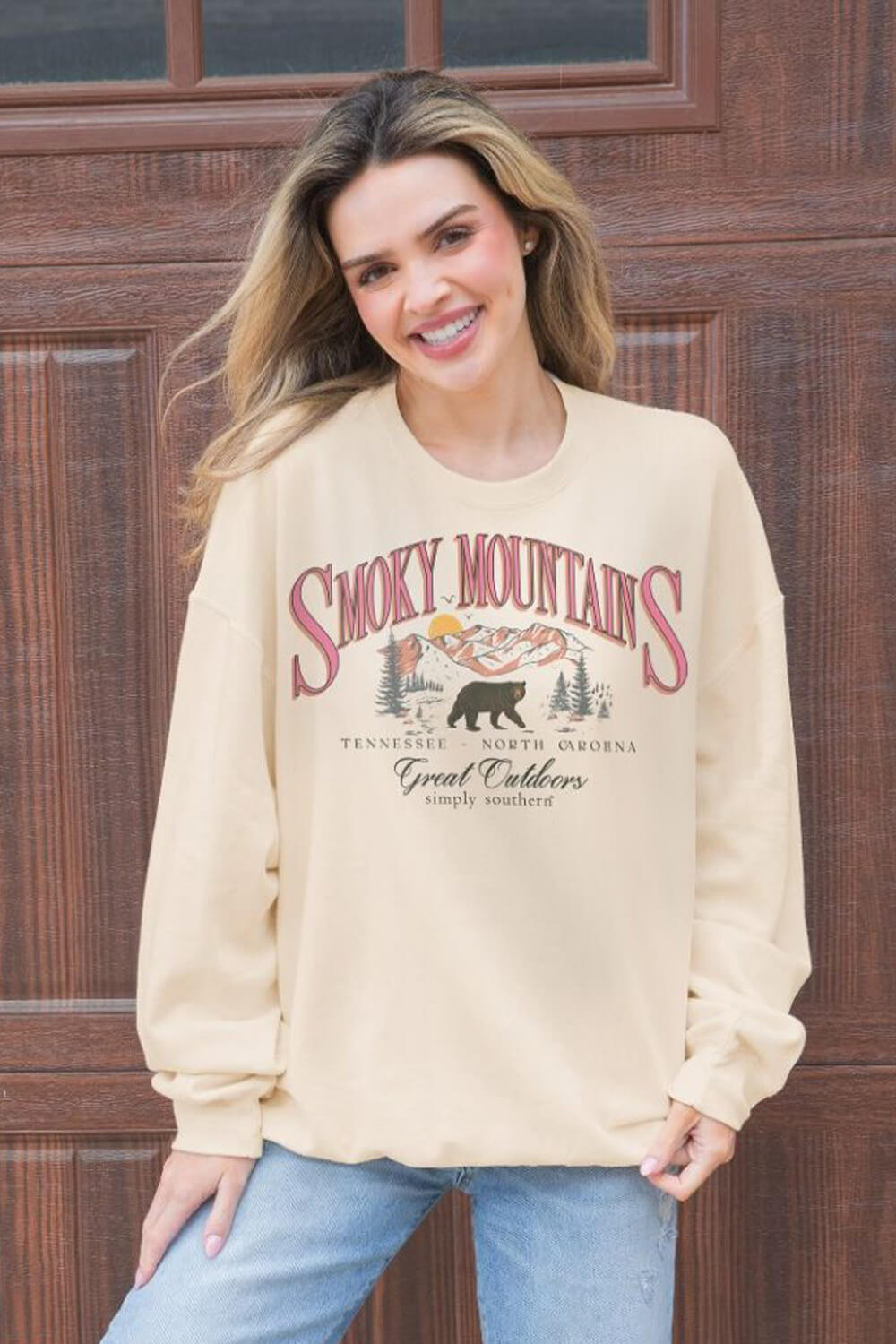 Simply Southern Smoky Mountain Crewneck for Women in Sand CREW SMOKY Glik s