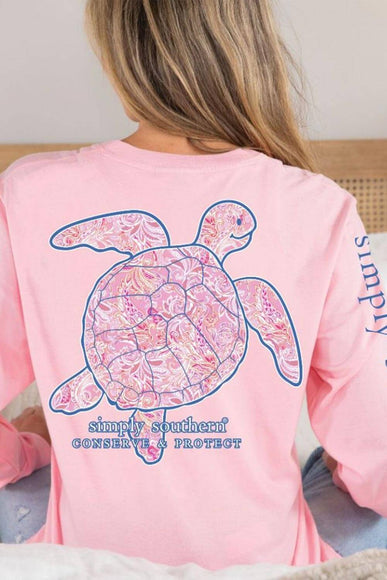 Simply Southern Long Sleeve Paisley Turtle Tracking T-shirt for Women in Light Pink