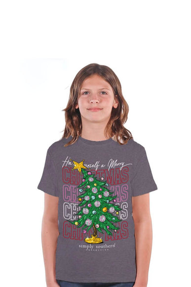 Simply Southern Youth Christmas Tree T-Shirt for Girls in Iron Heather 