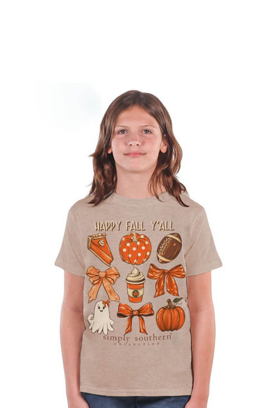 Simply Southern Youth Happy Fall Y’all T-Shirt for Girls in Oat Heather 