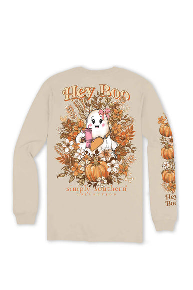 Simply Southern Youth Long Sleeve Hey Boo T-Shirt for Girls in Whisper/Cream