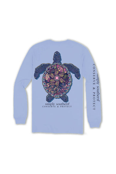 Simply Southern Youth Long Sleeve Mandala Turtle Tracking T-shirt for Girls in Carolina Blue 