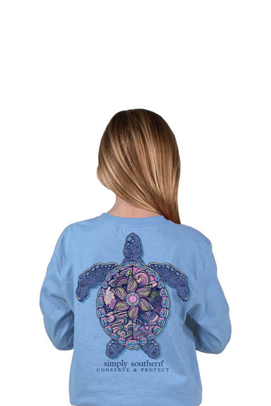 Simply Southern Youth Long Sleeve Mandala Turtle Tracking T-shirt for Girls in Carolina Blue 