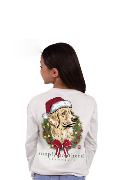 Simply Southern Youth Long Sleeve Merry and Bright Dog Christmas T-Shirt for Girls in White