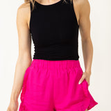 Linen Ruffle Shorts for Women in Hot Pink