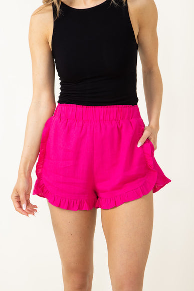 Linen Ruffle Shorts for Women in Hot Pink