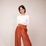 Velvet Smocked Waist Pants for Women in Rust