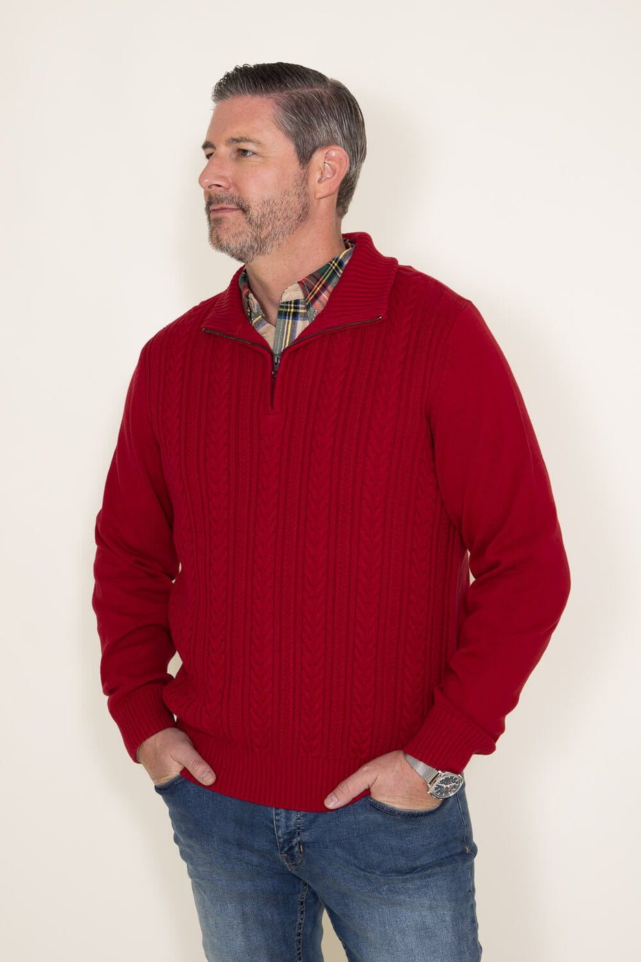 Weatherproof Vintage Cable Knit Quarter Zip Sweater for Men in Red