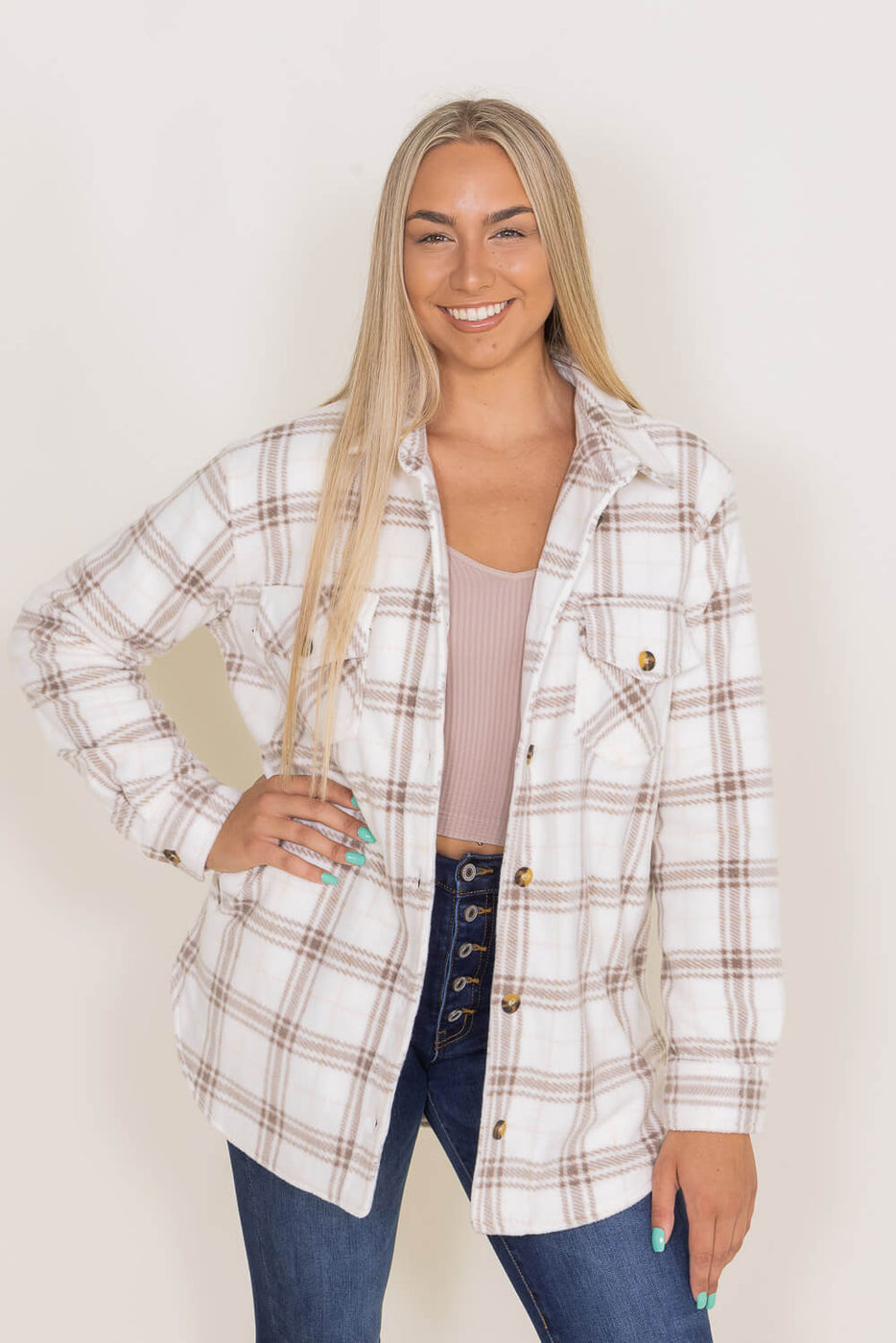 Thread & Supply Tullis Fleece Plaid Shacket for Women in White