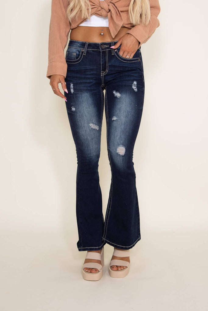 True Luck Bernie Mild Destruction Flare Jeans for Women