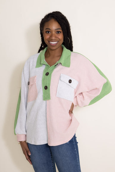 Bucketlist French Terry Fleece Button Up Sweater for Women in Color Block