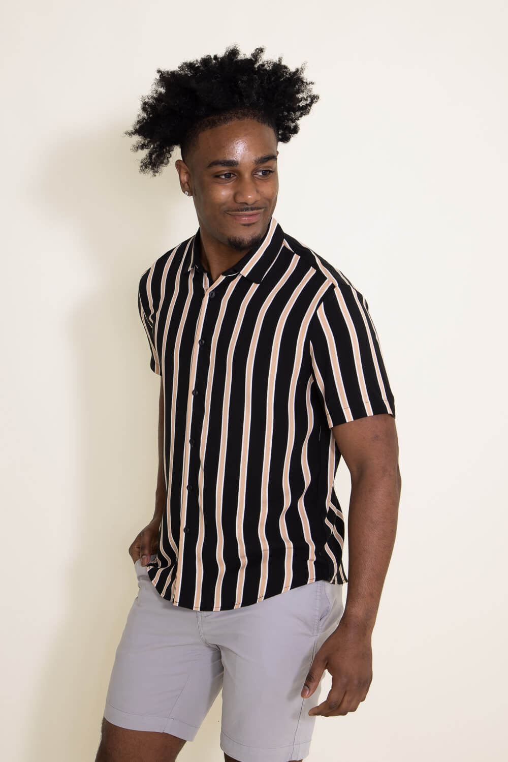 Throwback Stripes: Button-down shirt, Denim shorts & Wedge sandals