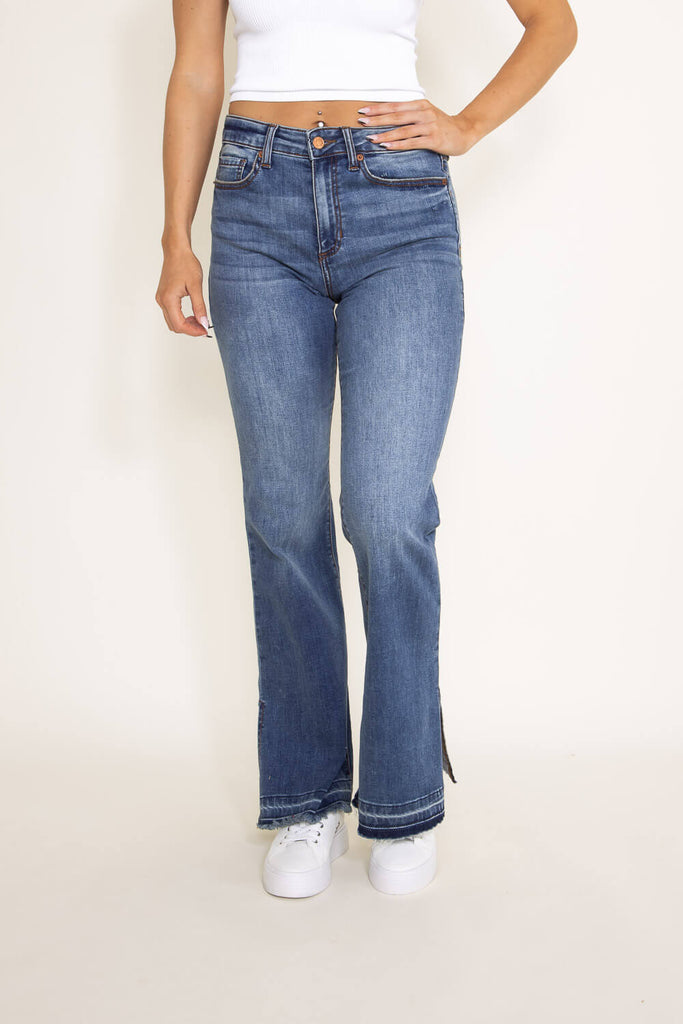 Women's Trendy Bootcut Flare Jeans with Split Leg and Distress Detailing