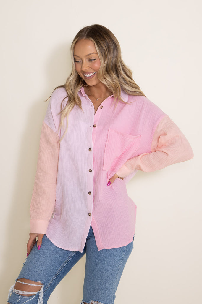 Color Block Button Down Shirt - Pink/Orange