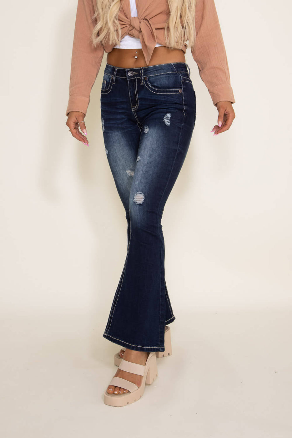 True Luck Bernie Mild Destruction Flare Jeans for Women