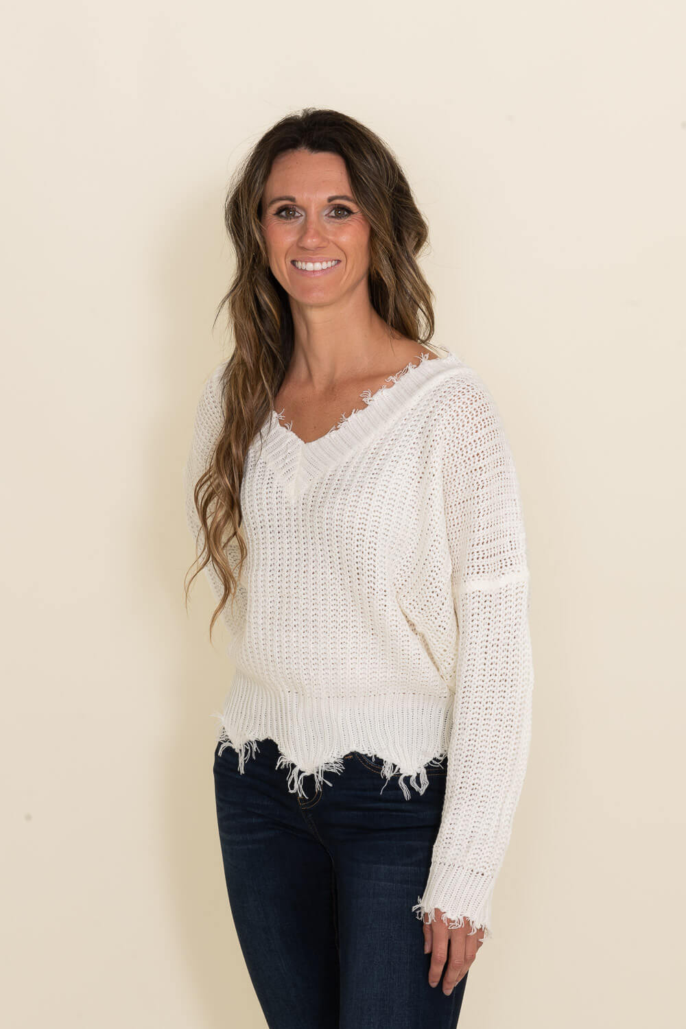 Frayed V Neck Sweater for Women in White | LT31500-WHITE – Glik's