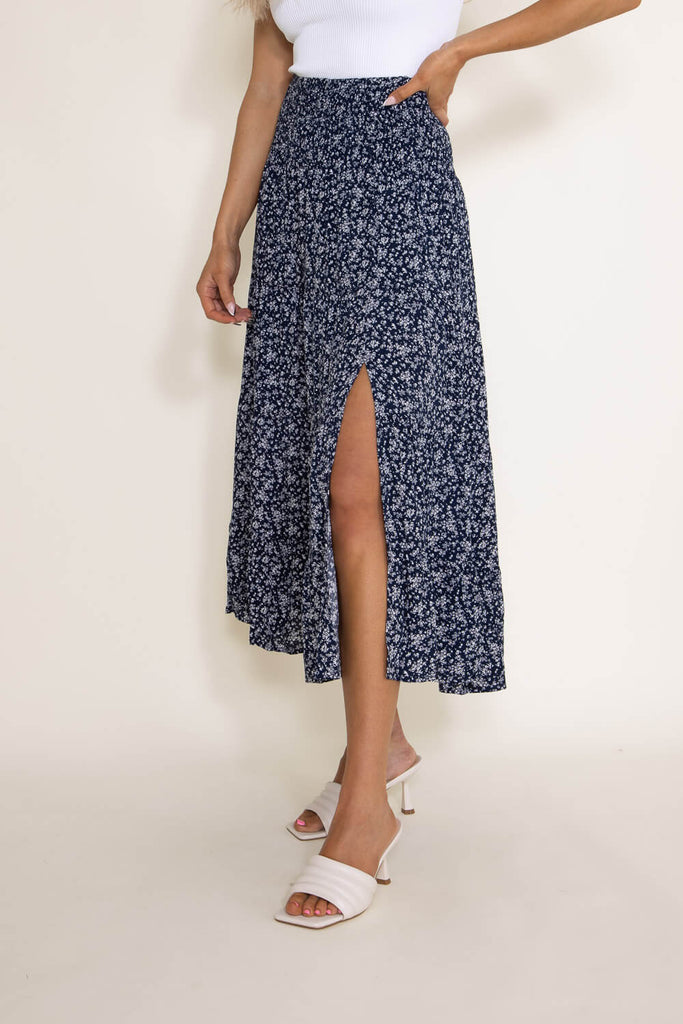 Navy blue floral midi sale skirt