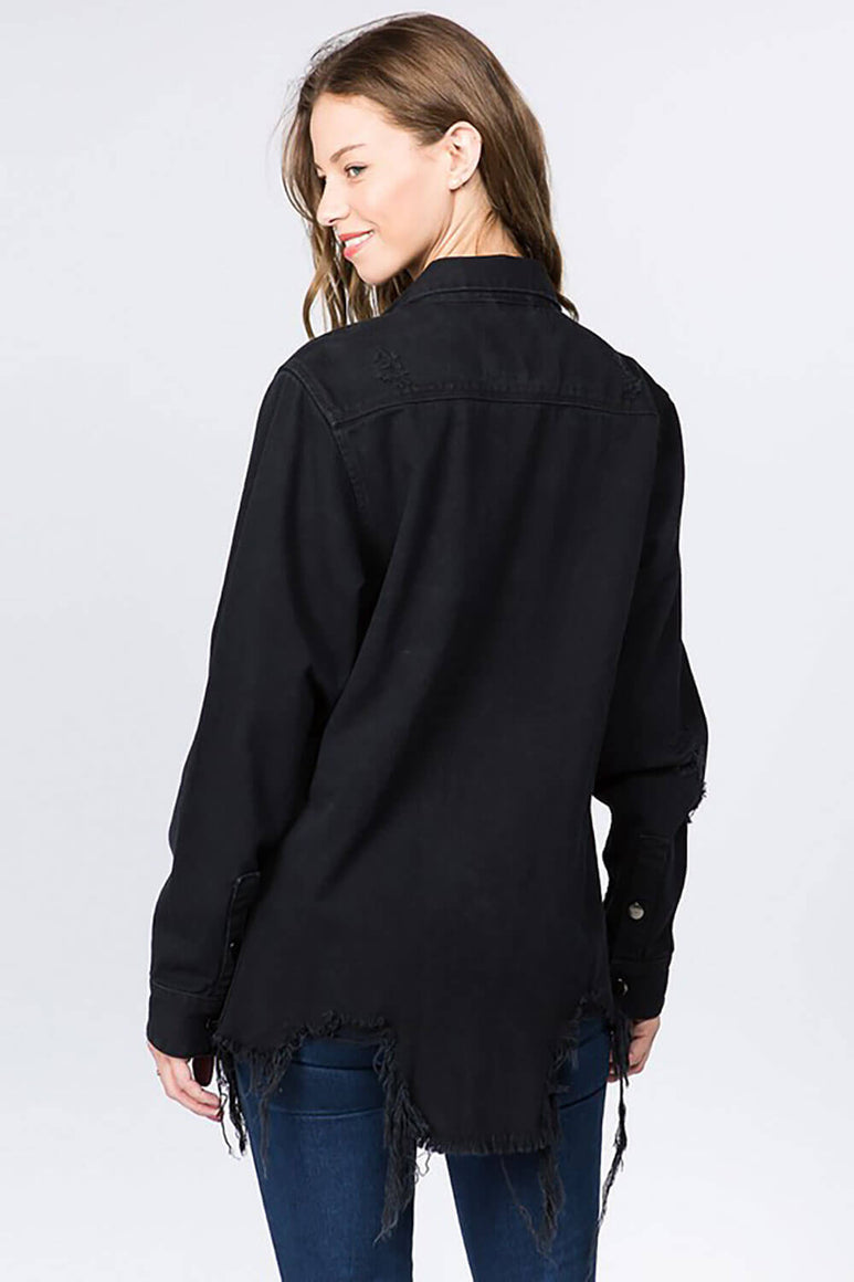 American Bazi Long Destructed Denim Shacket in Black | RJK-3447-BLACK ...