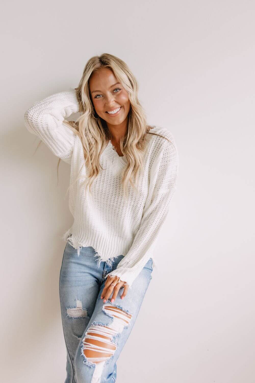 Frayed V Neck Sweater for Women in White